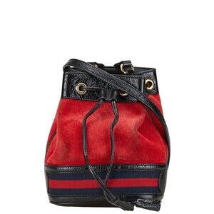 Gucci Drawstring Crossbody Shoulder Bag Red Black Leather Suede